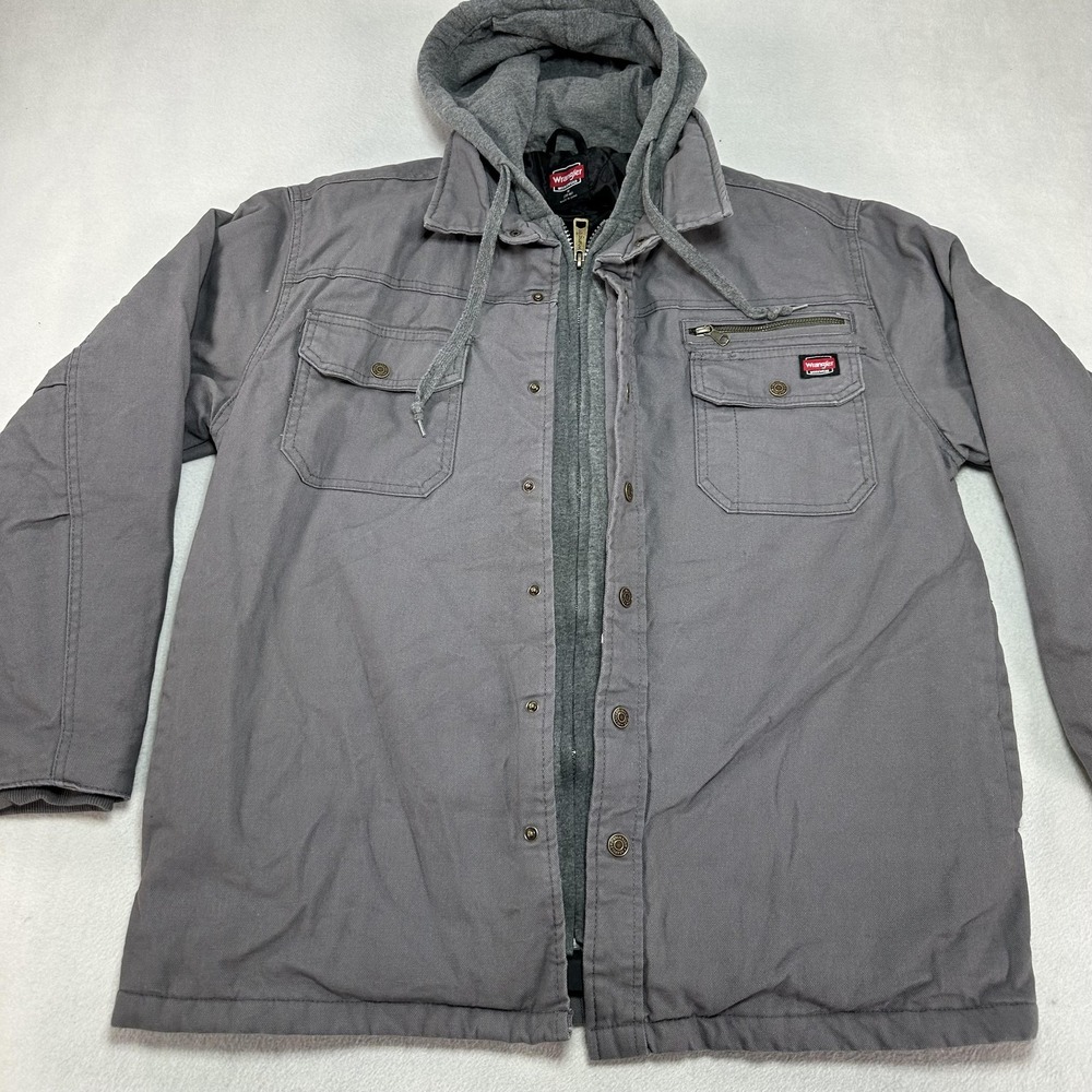 Wrangler‎ Workwear Jacket Mens Medium Gray Canvas Hooded Insulated Parka Quilted